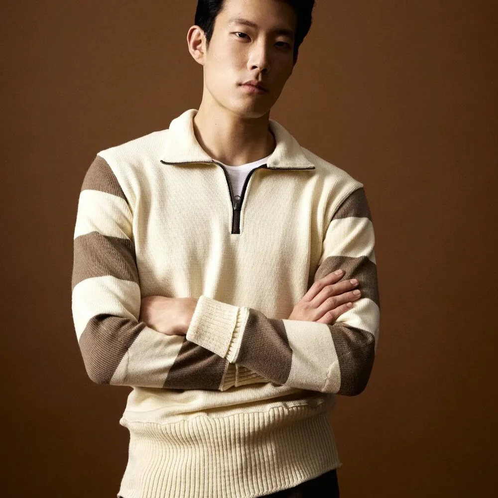 NWT $325 Todd Snyder x Dehen Motorcycles 100% Worsted Wool 1/4 Zip Sweater Brown - Picture 2 of 3